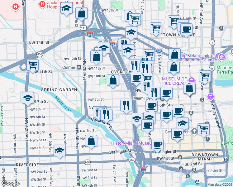 map of restaurants, bars, coffee shops, grocery stores, and more near in Miami