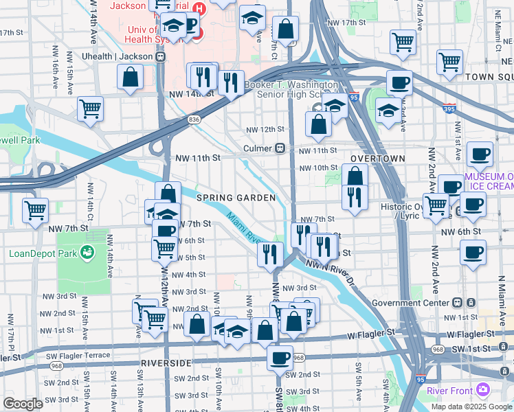map of restaurants, bars, coffee shops, grocery stores, and more near 828 Northwest 9th Avenue in Miami