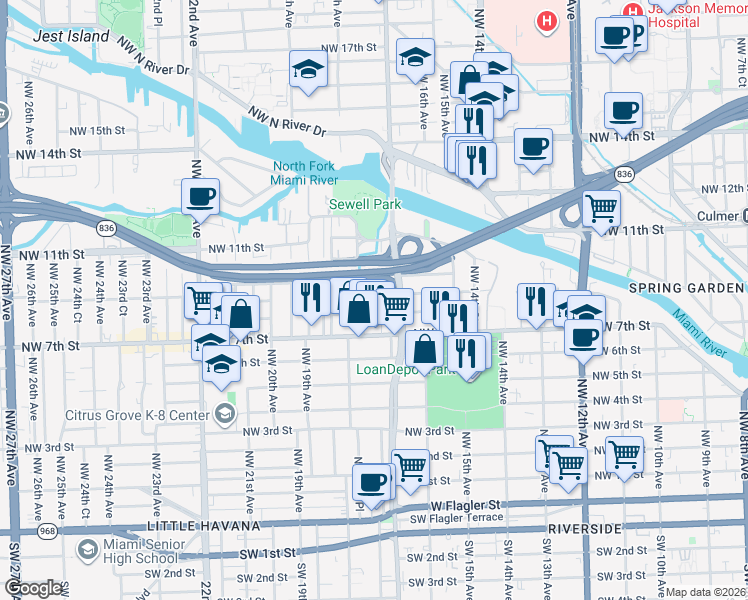 map of restaurants, bars, coffee shops, grocery stores, and more near 871 Northwest 17th Court in Miami