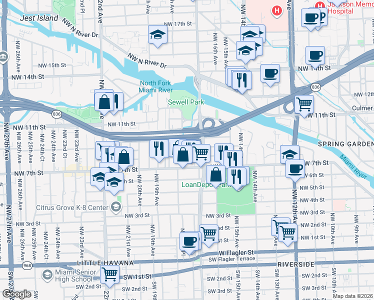 map of restaurants, bars, coffee shops, grocery stores, and more near 869 Northwest 18th Place in Miami
