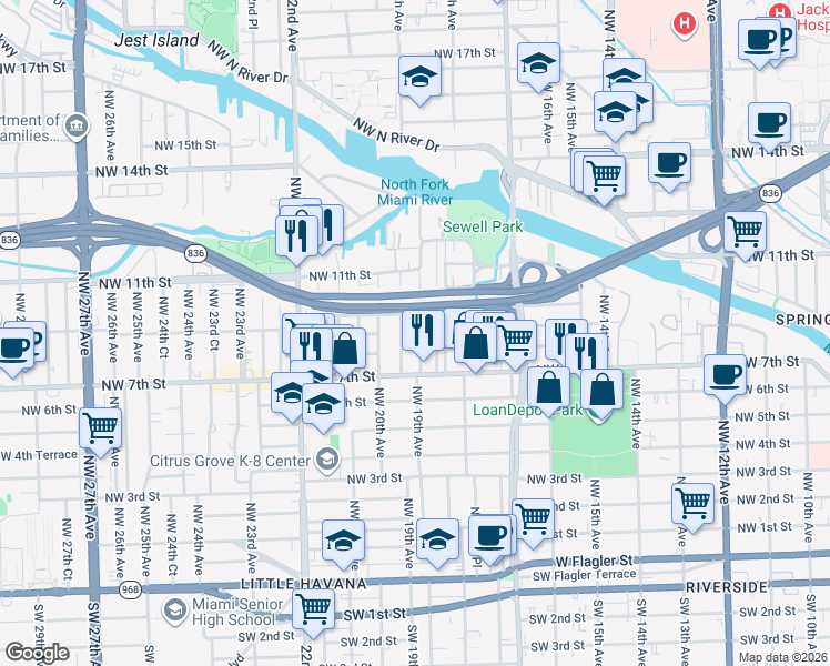 map of restaurants, bars, coffee shops, grocery stores, and more near 1870 Northwest 9th Street in Miami