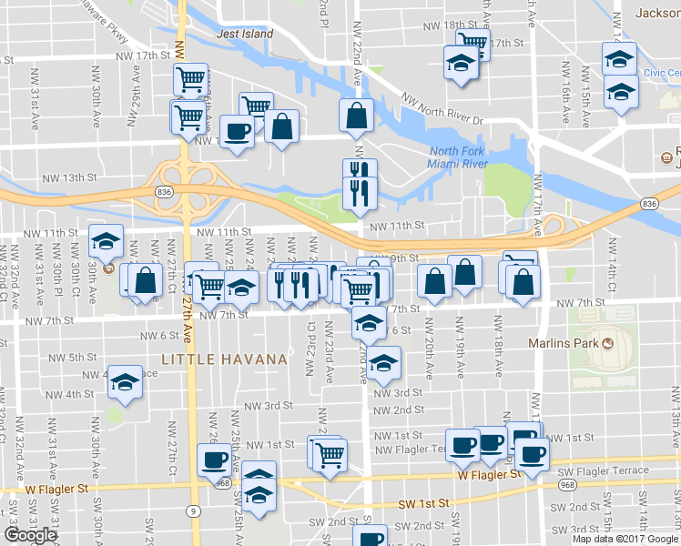 map of restaurants, bars, coffee shops, grocery stores, and more near 927 Northwest 22nd Court in Miami