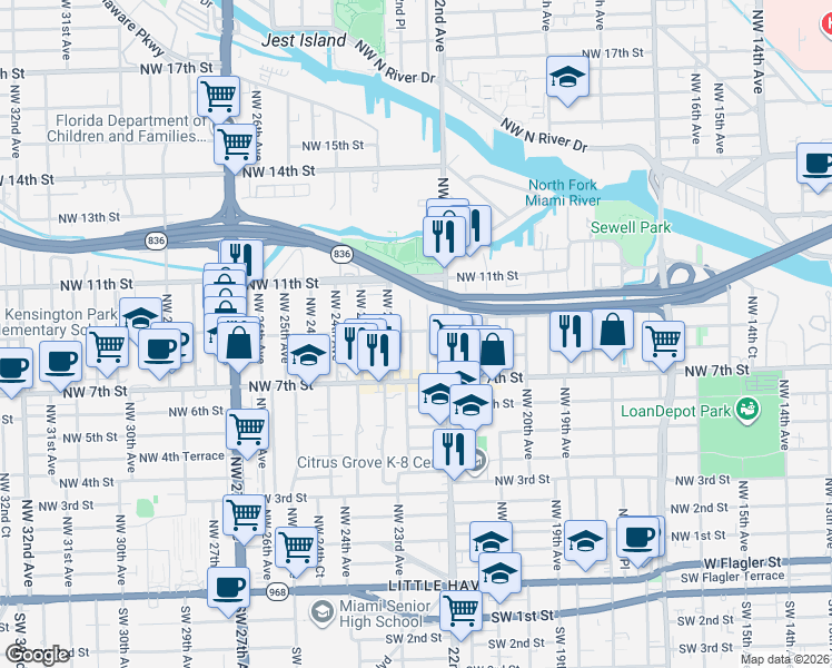 map of restaurants, bars, coffee shops, grocery stores, and more near 927 Northwest 22nd Court in Miami