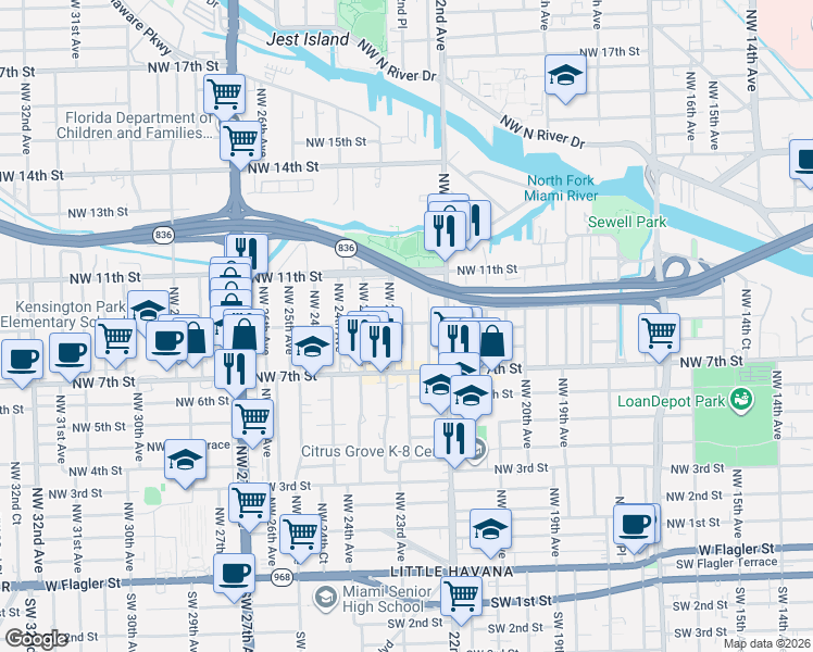 map of restaurants, bars, coffee shops, grocery stores, and more near 926 Northwest 23rd Avenue in Miami