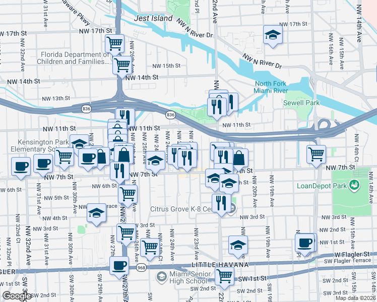 map of restaurants, bars, coffee shops, grocery stores, and more near 926 Northwest 23rd Avenue in Miami