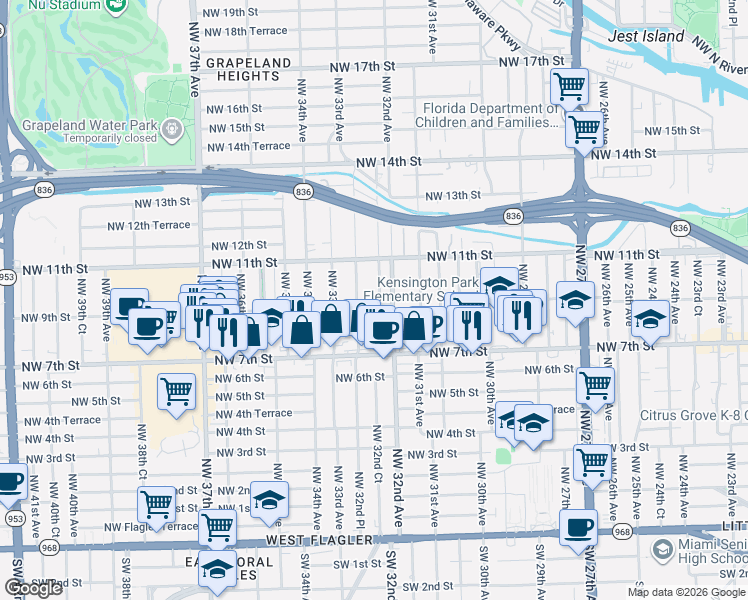 map of restaurants, bars, coffee shops, grocery stores, and more near 1022 Northwest 32nd Court in Miami
