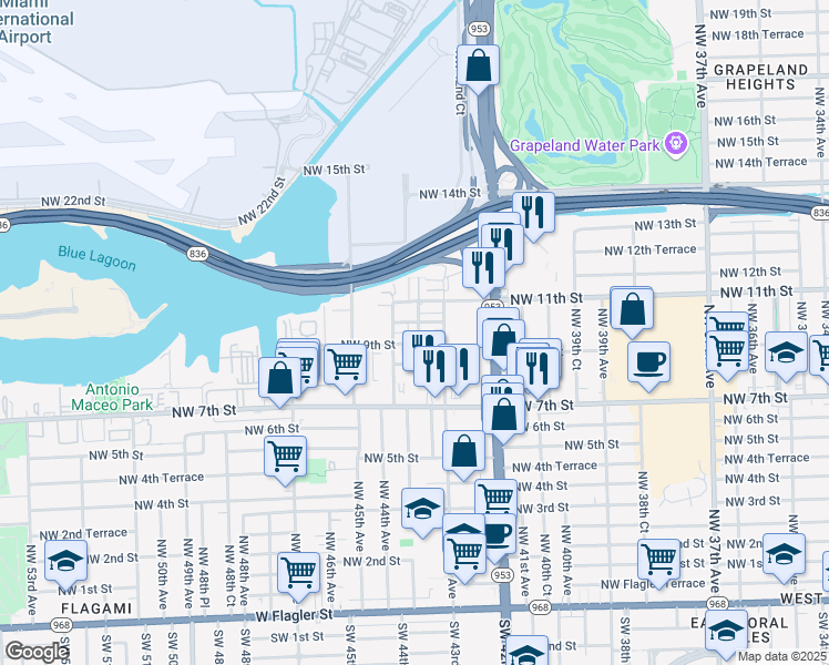 map of restaurants, bars, coffee shops, grocery stores, and more near 4349 Northwest 10th Street in Miami