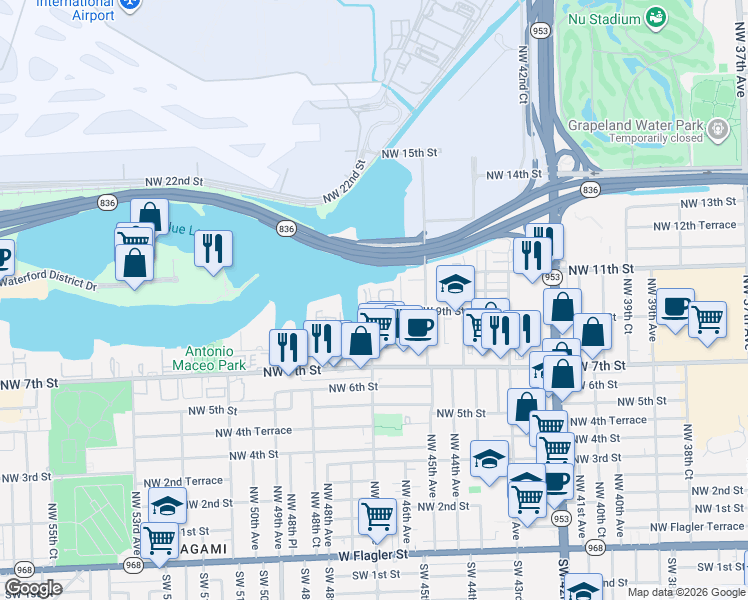 map of restaurants, bars, coffee shops, grocery stores, and more near 998 Northwest 47th Avenue in Miami