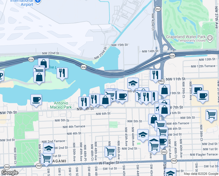 map of restaurants, bars, coffee shops, grocery stores, and more near 998 Northwest 47th Avenue in Miami