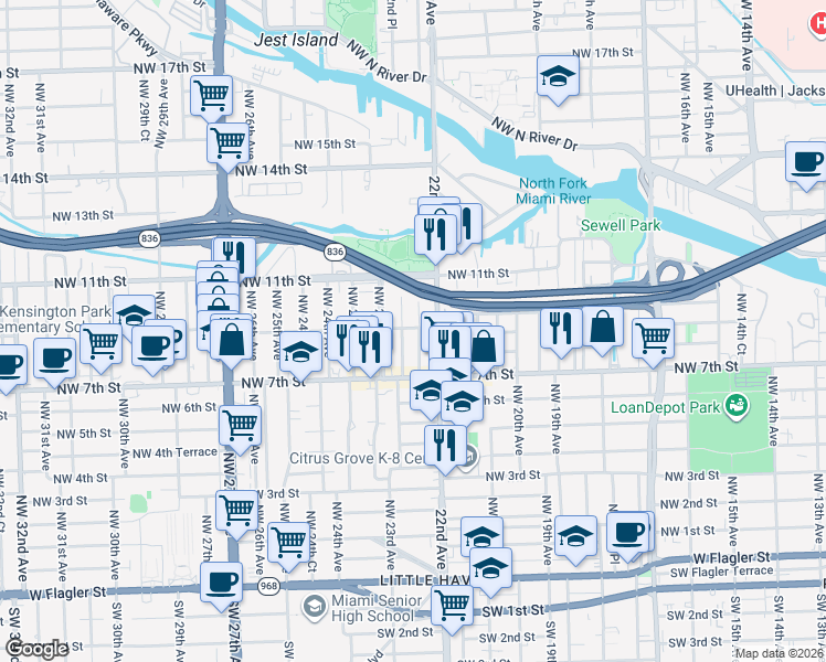 map of restaurants, bars, coffee shops, grocery stores, and more near 927 Northwest 22nd Court in Miami