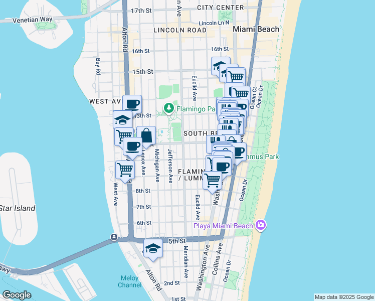 map of restaurants, bars, coffee shops, grocery stores, and more near 739 11th Street in Miami Beach