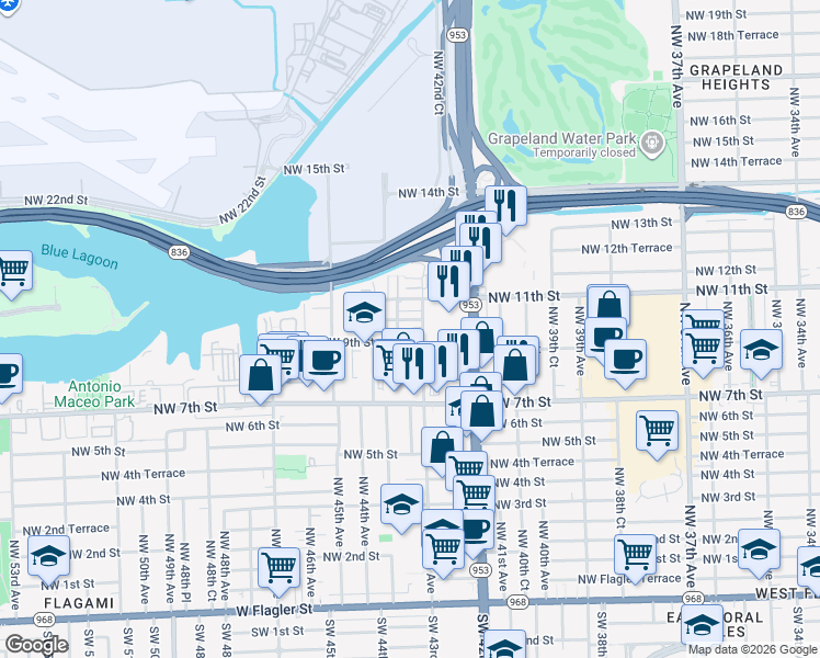 map of restaurants, bars, coffee shops, grocery stores, and more near 4349 Northwest 10th Street in Miami