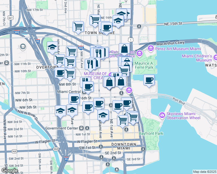 map of restaurants, bars, coffee shops, grocery stores, and more near 710 Northeast 1st Avenue in Miami