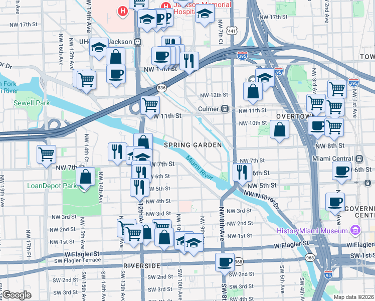 map of restaurants, bars, coffee shops, grocery stores, and more near in Miami
