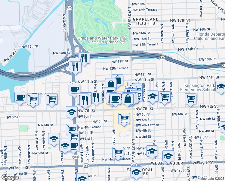 map of restaurants, bars, coffee shops, grocery stores, and more near 3800-3898 NW 11th St in Miami