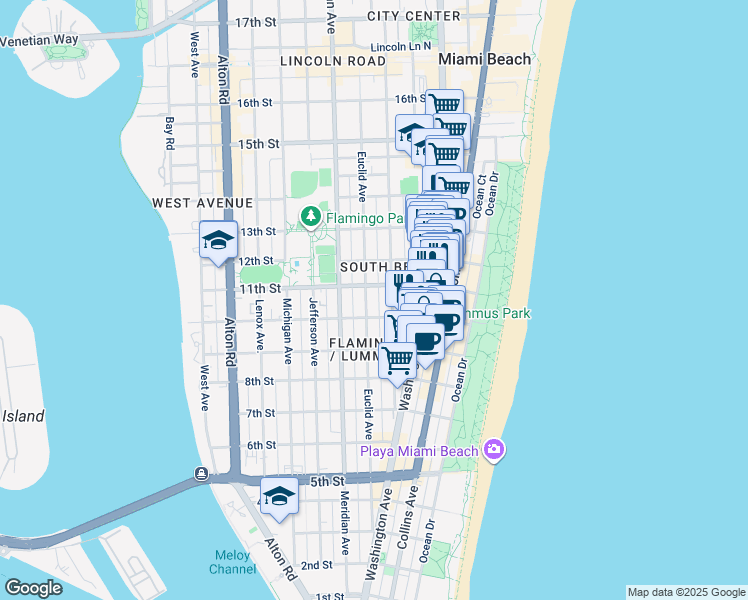 map of restaurants, bars, coffee shops, grocery stores, and more near in Miami Beach