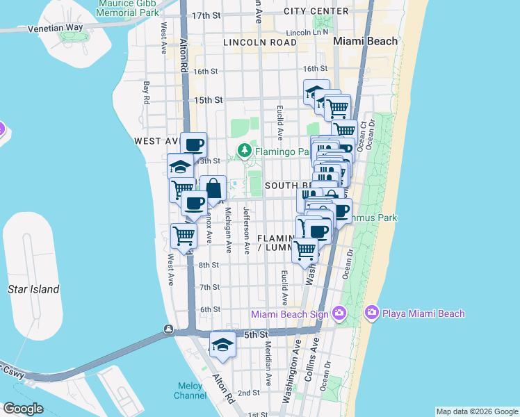 map of restaurants, bars, coffee shops, grocery stores, and more near 739 11th Street in Miami Beach