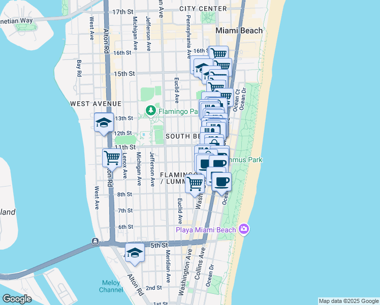 map of restaurants, bars, coffee shops, grocery stores, and more near in Miami Beach