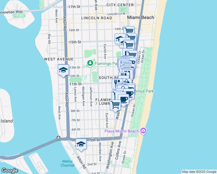 map of restaurants, bars, coffee shops, grocery stores, and more near in Miami Beach