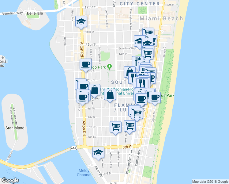 map of restaurants, bars, coffee shops, grocery stores, and more near 739 11th Street in Miami Beach