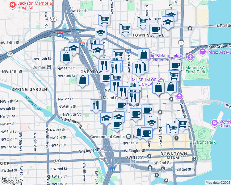 map of restaurants, bars, coffee shops, grocery stores, and more near 245 Northwest 8th Street in Miami