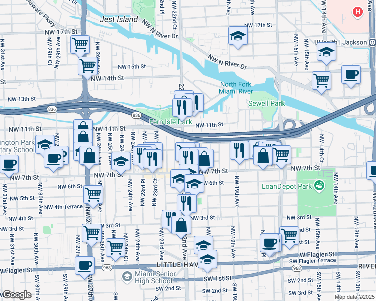 map of restaurants, bars, coffee shops, grocery stores, and more near 2121 Northwest 9th Street in Miami