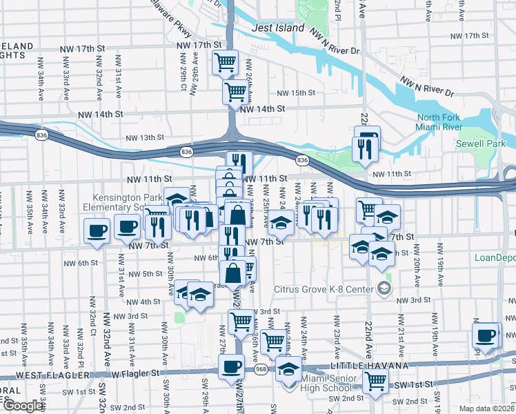 map of restaurants, bars, coffee shops, grocery stores, and more near 965 Northwest 26th Avenue in Miami