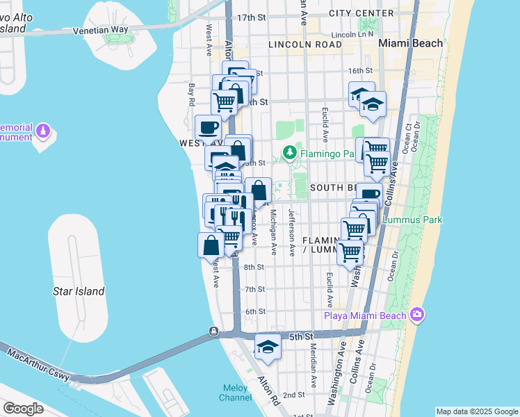 map of restaurants, bars, coffee shops, grocery stores, and more near 1050 Michigan Avenue in Miami Beach