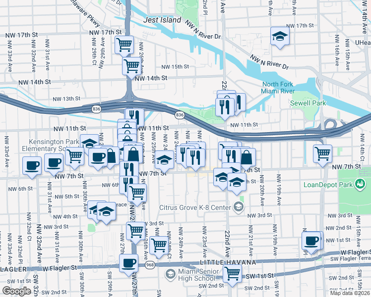 map of restaurants, bars, coffee shops, grocery stores, and more near 937 Northwest 24th Avenue in Miami