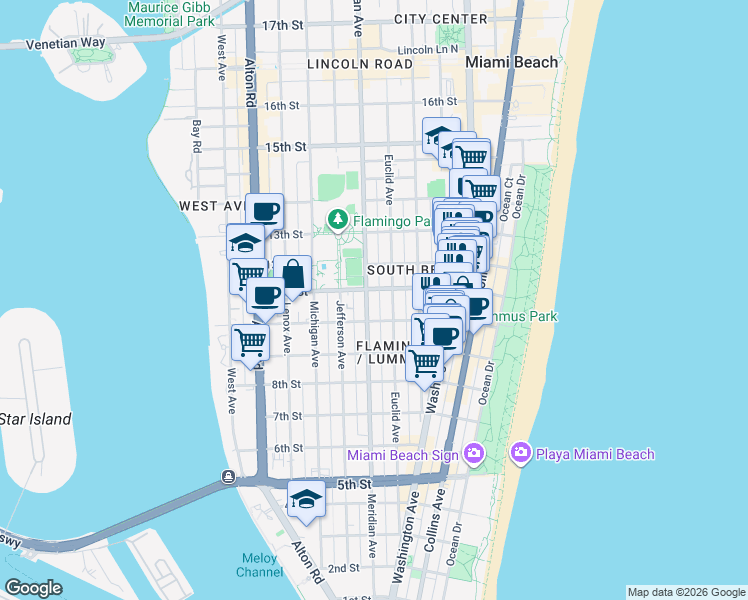 map of restaurants, bars, coffee shops, grocery stores, and more near 739 11th Street in Miami Beach