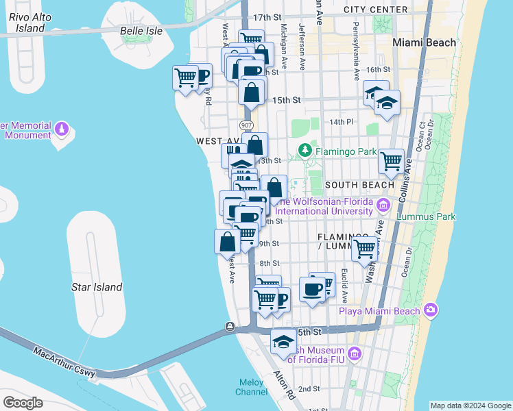 map of restaurants, bars, coffee shops, grocery stores, and more near 1130 11th Street in Miami Beach