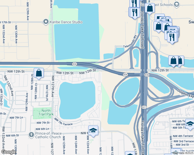 map of restaurants, bars, coffee shops, grocery stores, and more near 1533 Northwest 123rd Place in Miami