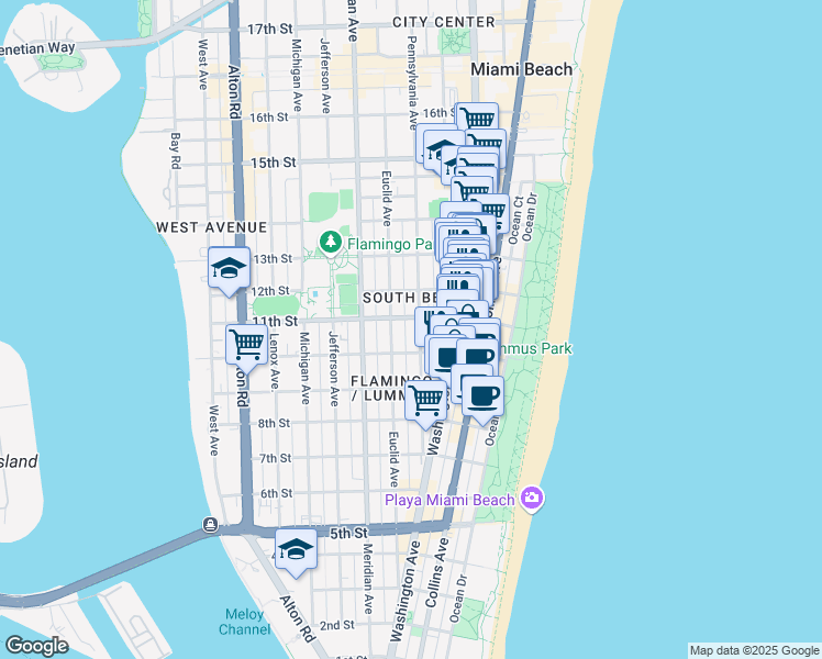 map of restaurants, bars, coffee shops, grocery stores, and more near 1044 Pennsylvania Avenue in Miami Beach