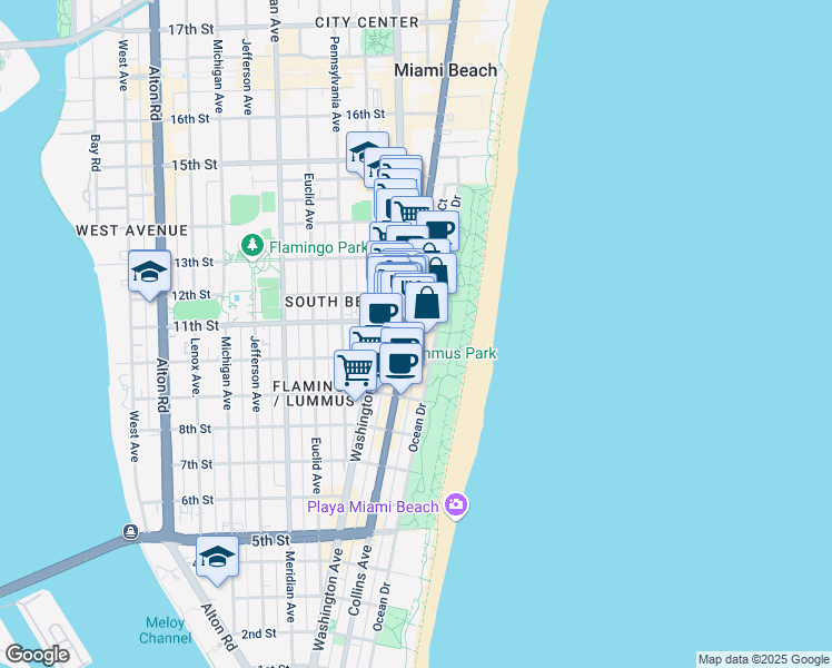 map of restaurants, bars, coffee shops, grocery stores, and more near 1100 Collins Avenue in Miami Beach