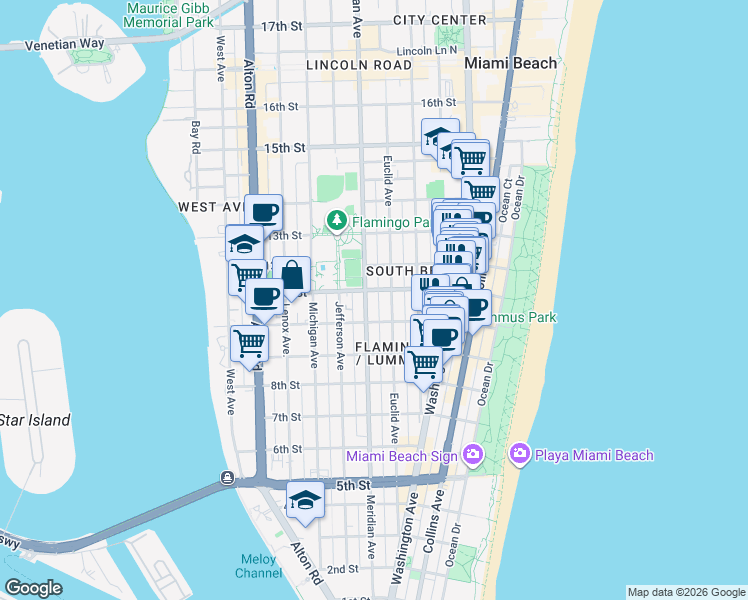 map of restaurants, bars, coffee shops, grocery stores, and more near 739 11th Street in Miami Beach