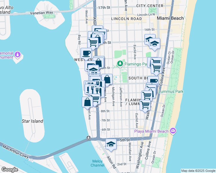 map of restaurants, bars, coffee shops, grocery stores, and more near 1050 Michigan Avenue in Miami Beach