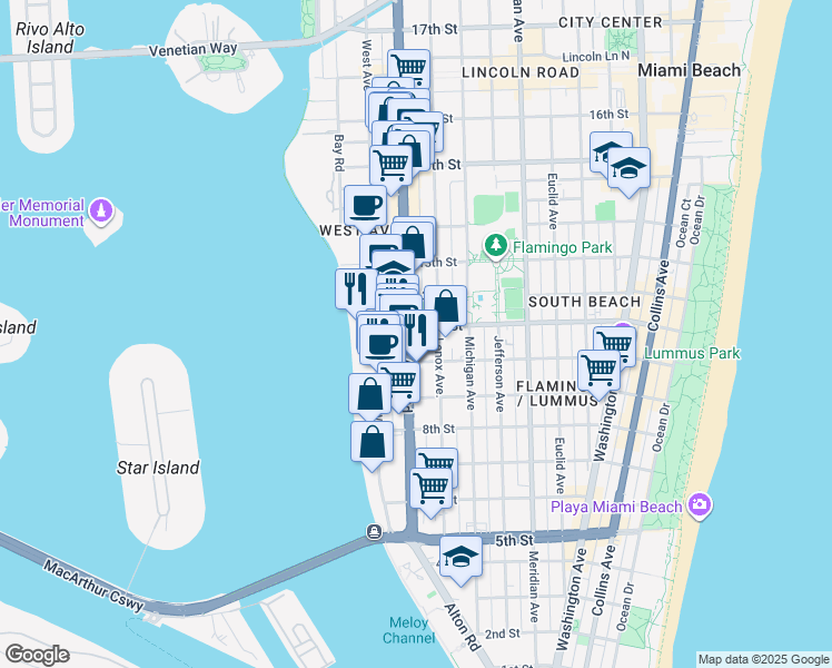 map of restaurants, bars, coffee shops, grocery stores, and more near 1131 11th Street in Miami Beach