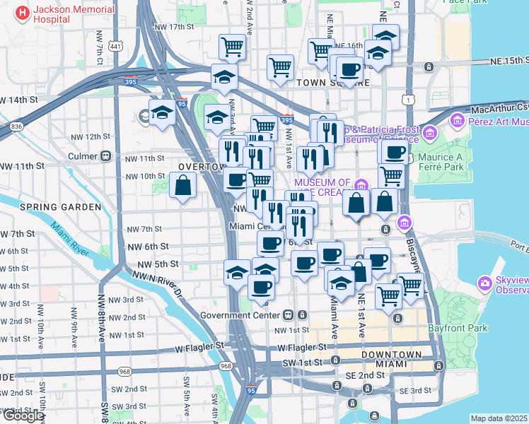 map of restaurants, bars, coffee shops, grocery stores, and more near 823 Northwest 1st Avenue in Miami