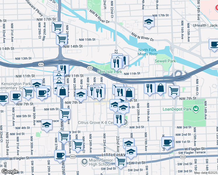 map of restaurants, bars, coffee shops, grocery stores, and more near 927 Northwest 22nd Court in Miami