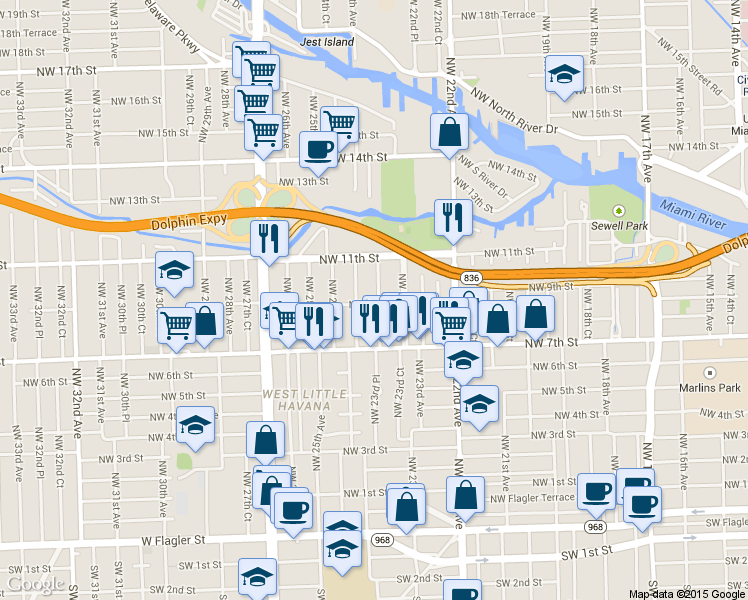 map of restaurants, bars, coffee shops, grocery stores, and more near 937 Northwest 24th Avenue in Miami
