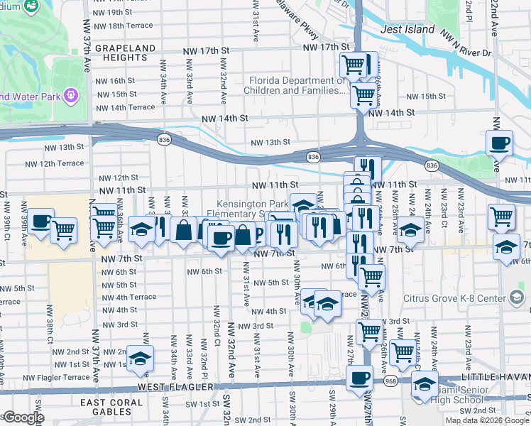 map of restaurants, bars, coffee shops, grocery stores, and more near 955 Northwest 30th Place in Miami