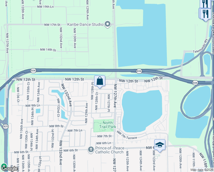map of restaurants, bars, coffee shops, grocery stores, and more near 1162 Northwest 127th Court in Miami