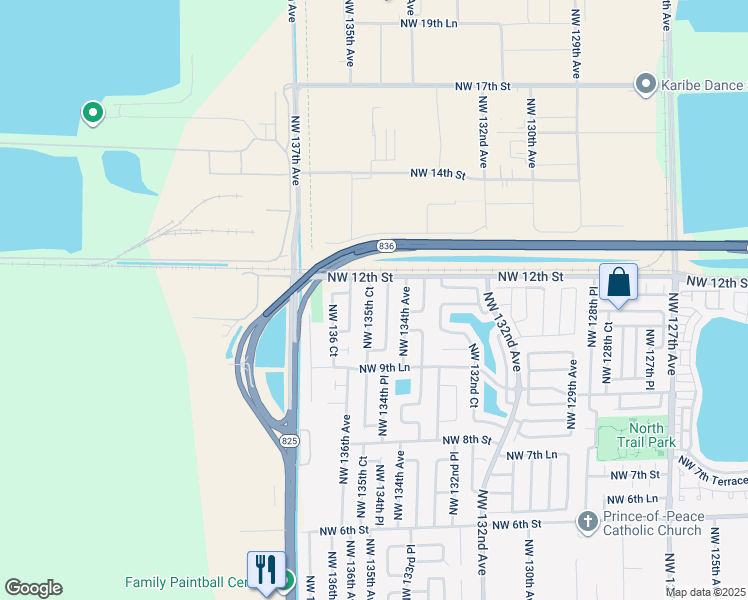 map of restaurants, bars, coffee shops, grocery stores, and more near 1165 Northwest 135th Court in Miami