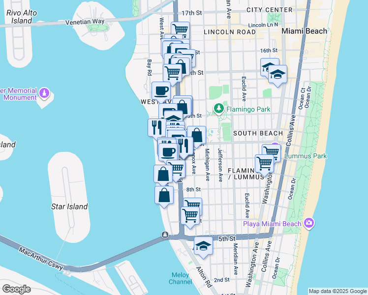 map of restaurants, bars, coffee shops, grocery stores, and more near 1131 11th Street in Miami Beach