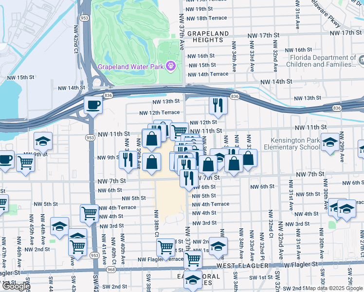 map of restaurants, bars, coffee shops, grocery stores, and more near 3701 Northwest 7th Street in Miami