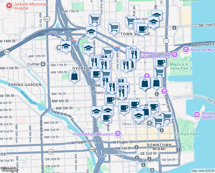 map of restaurants, bars, coffee shops, grocery stores, and more near 823 Northwest 1st Avenue in Miami