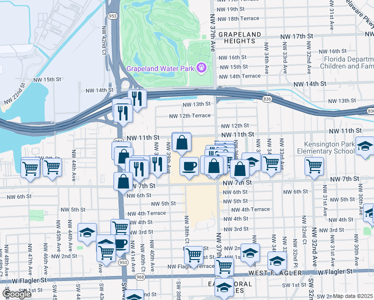 map of restaurants, bars, coffee shops, grocery stores, and more near 3800 Northwest 11th Street in Miami