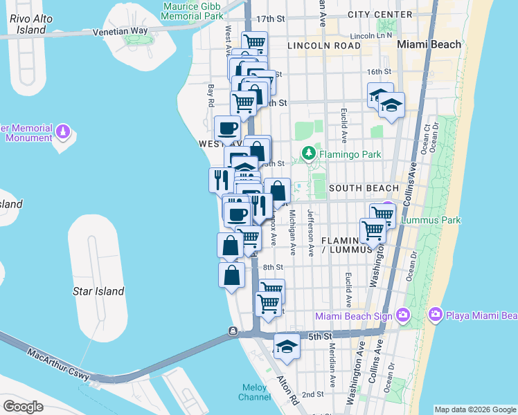 map of restaurants, bars, coffee shops, grocery stores, and more near 1131 11th Street in Miami Beach