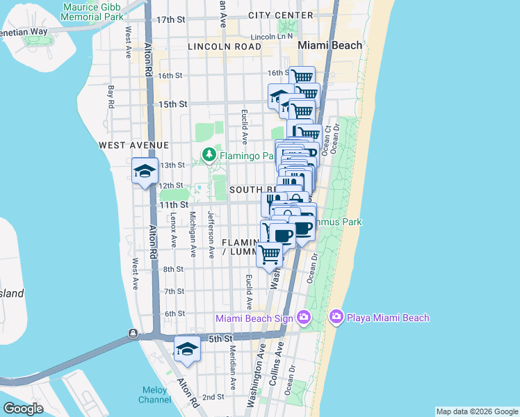 map of restaurants, bars, coffee shops, grocery stores, and more near 1044 Pennsylvania Avenue in Miami Beach