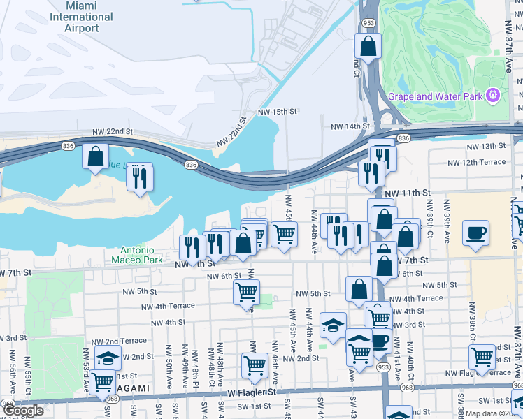 map of restaurants, bars, coffee shops, grocery stores, and more near 4685 Northwest 9th Street in Miami